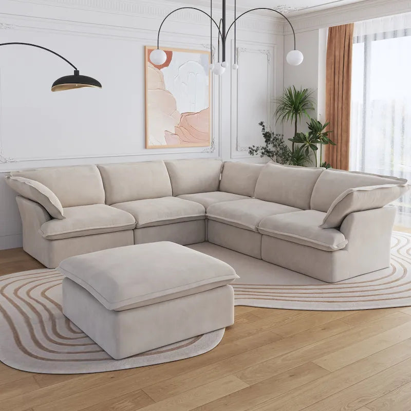Canapé d'angle modulable en lin L-forme 5 pièces avec ottoman