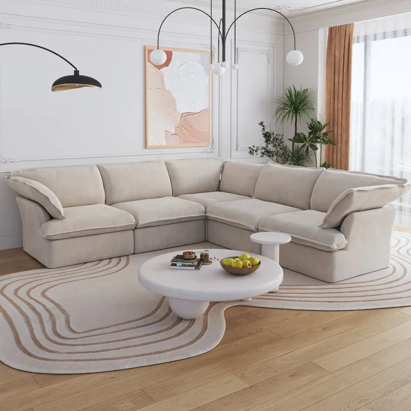 Canapé d'angle modulable en lin L-forme 5 pièces avec ottoman