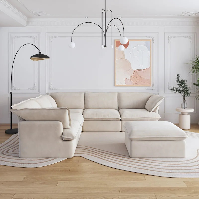 Canapé d'angle modulable en lin L-forme 5 pièces avec ottoman