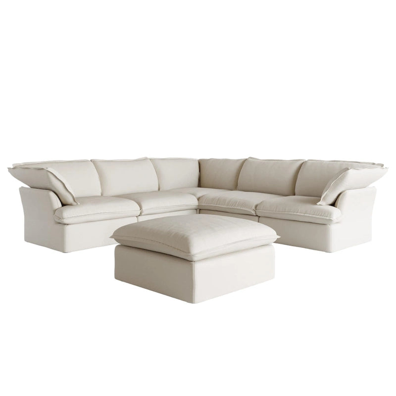 Canapé d'angle modulable en lin L-forme 5 pièces avec ottoman