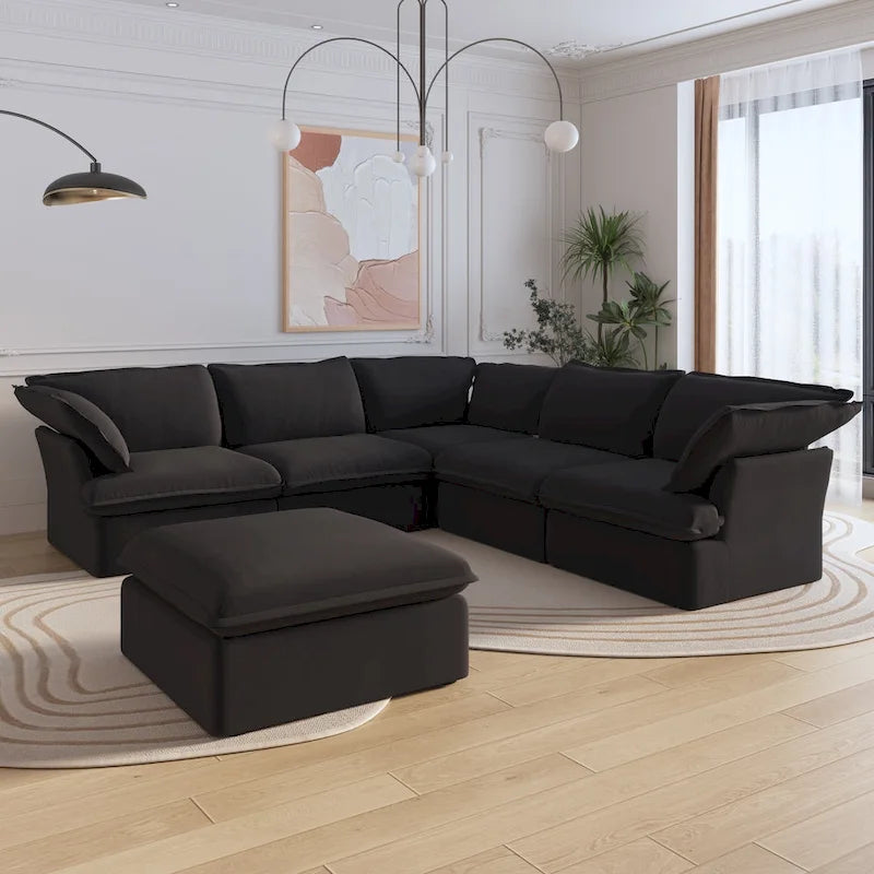 Canapé d'angle modulable en lin L-forme 5 pièces avec ottoman