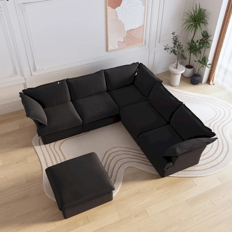 Canapé d'angle modulable en lin L-forme 5 pièces avec ottoman