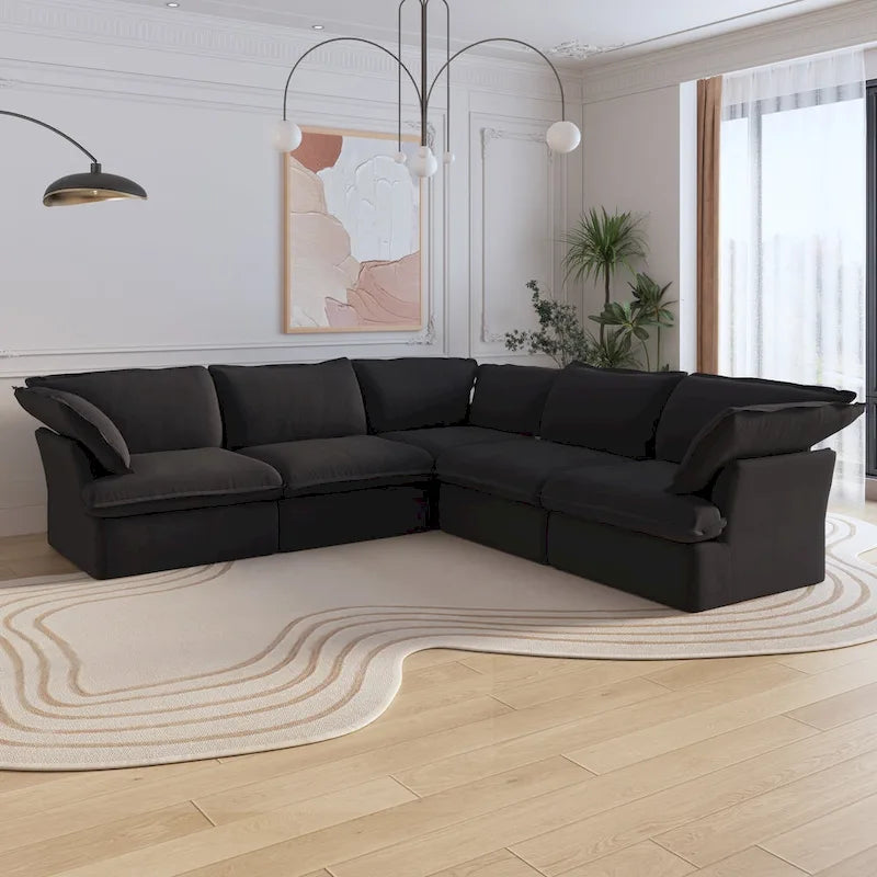 Canapé d'angle modulable en lin L-forme 5 pièces avec ottoman