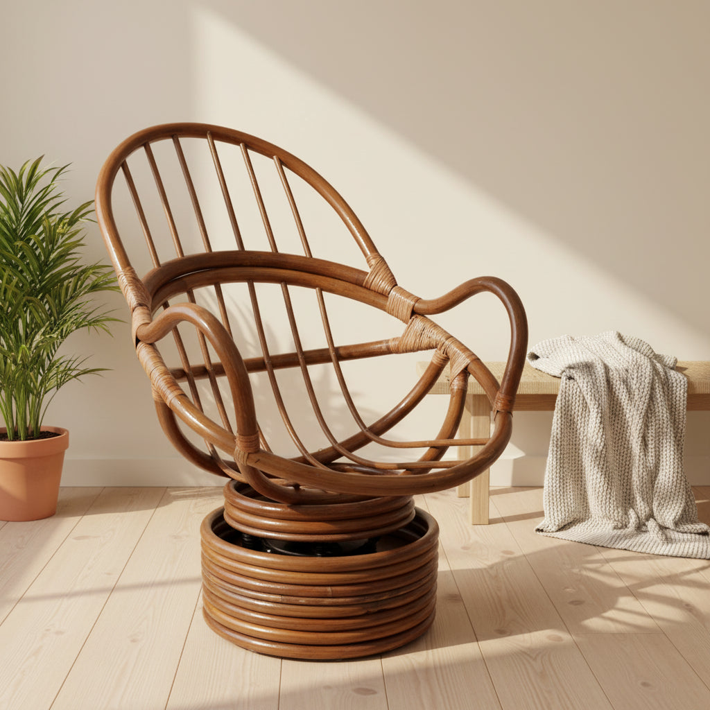 Fauteuil à bascule pivotant en rotin avec coussin en micro-suède