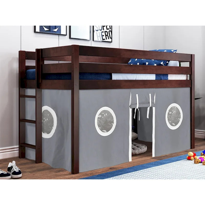 Lit simple contemporain surélevé avec échelle d'accès et tente
