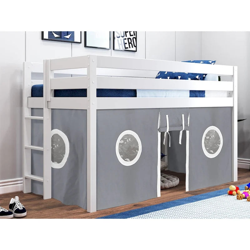 Lit simple contemporain surélevé avec échelle d'accès et tente