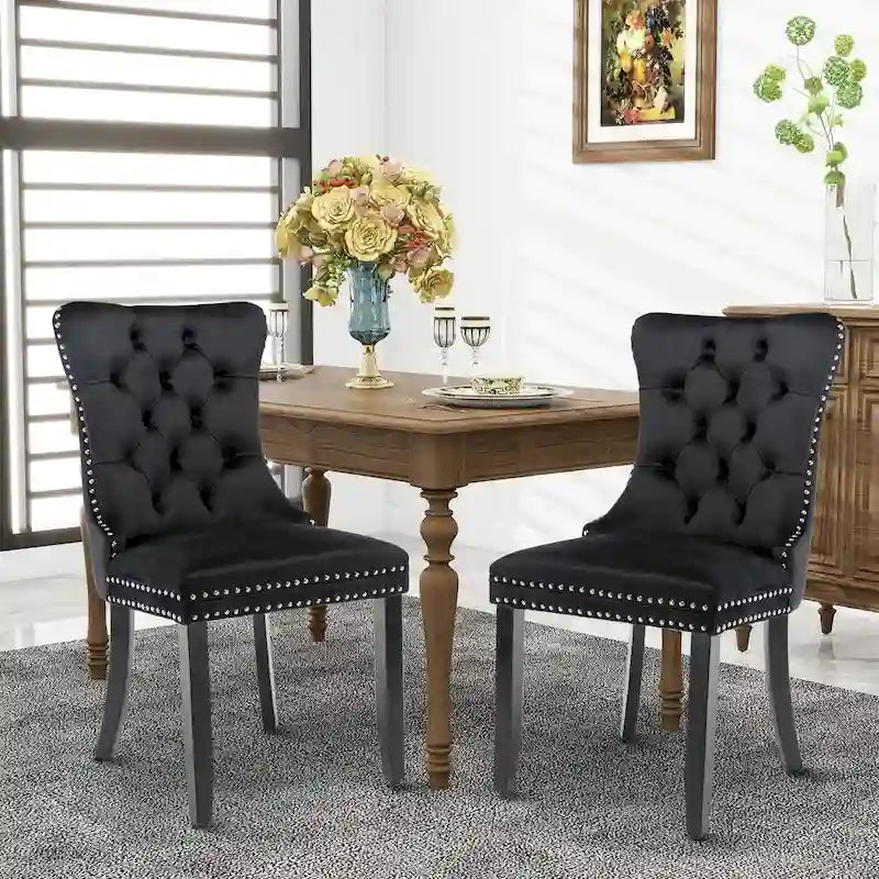 Chaises de salle à manger en velours, chaises d'appoint capitonnées sans accoudoirs en bois massif avec garniture cloutée et anneau de tirage au dos