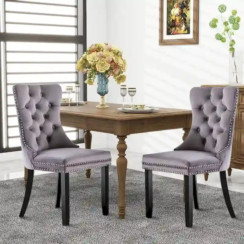 Chaises de salle à manger en velours, chaises d'appoint capitonnées sans accoudoirs en bois massif avec garniture cloutée et anneau de tirage au dos