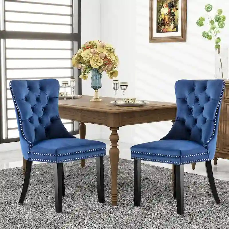 Chaises de salle à manger en velours, chaises d'appoint capitonnées sans accoudoirs en bois massif avec garniture cloutée et anneau de tirage au dos