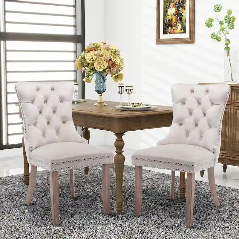 Chaises de salle à manger en velours, chaises d'appoint capitonnées sans accoudoirs en bois massif avec garniture cloutée et anneau de tirage au dos