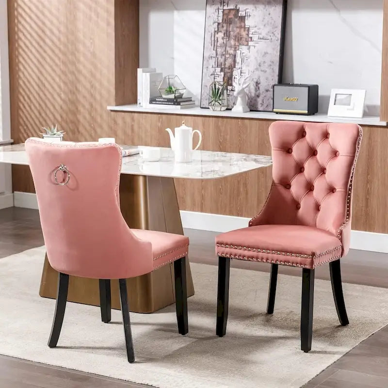 Chaises de salle à manger en velours, chaises d'appoint capitonnées sans accoudoirs en bois massif avec garniture cloutée et anneau de tirage au dos