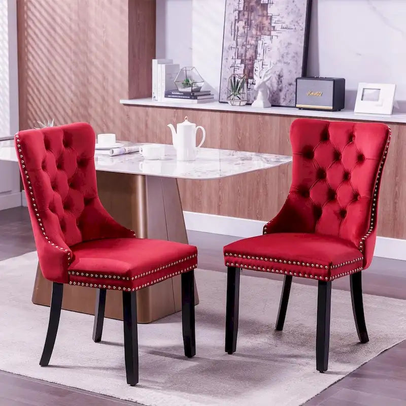 Chaises de salle à manger en velours, chaises d'appoint capitonnées sans accoudoirs en bois massif avec garniture cloutée et anneau de tirage au dos