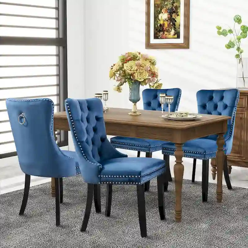 Chaises de salle à manger en velours, chaises d'appoint capitonnées sans accoudoirs en bois massif avec garniture cloutée et anneau de tirage au dos