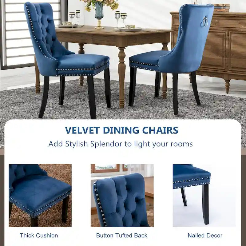 Chaises de salle à manger en velours, chaises d'appoint capitonnées sans accoudoirs en bois massif avec garniture cloutée et anneau de tirage au dos