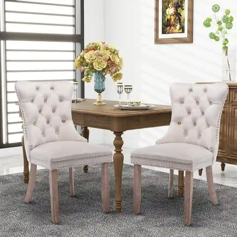 Chaises de salle à manger en velours, chaises d'appoint capitonnées sans accoudoirs en bois massif avec garniture cloutée et anneau de tirage au dos