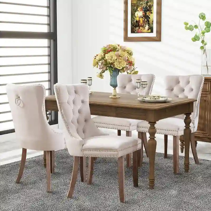 Chaises de salle à manger en velours, chaises d'appoint capitonnées sans accoudoirs en bois massif avec garniture cloutée et anneau de tirage au dos