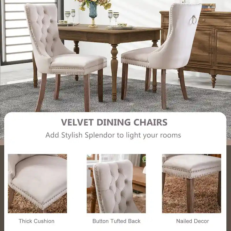 Chaises de salle à manger en velours, chaises d'appoint capitonnées sans accoudoirs en bois massif avec garniture cloutée et anneau de tirage au dos