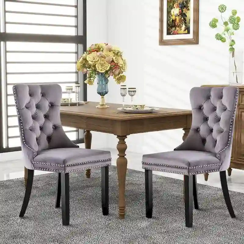 Chaises de salle à manger en velours, chaises d'appoint capitonnées sans accoudoirs en bois massif avec garniture cloutée et anneau de tirage au dos