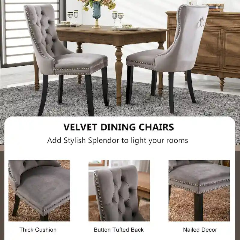 Chaises de salle à manger en velours, chaises d'appoint capitonnées sans accoudoirs en bois massif avec garniture cloutée et anneau de tirage au dos