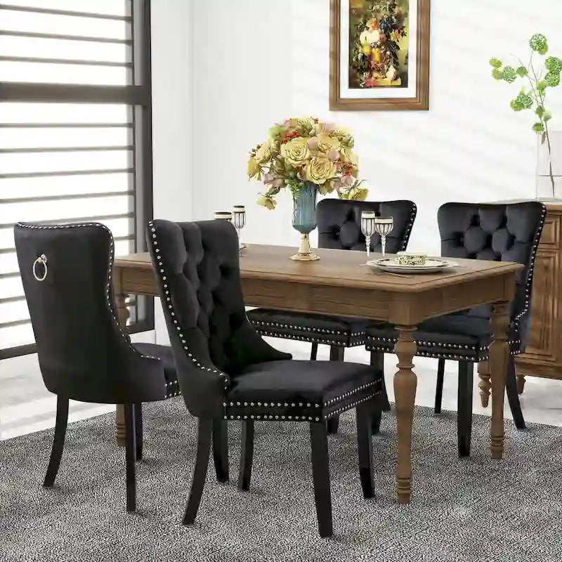 Chaises de salle à manger en velours, chaises d'appoint capitonnées sans accoudoirs en bois massif avec garniture cloutée et anneau de tirage au dos