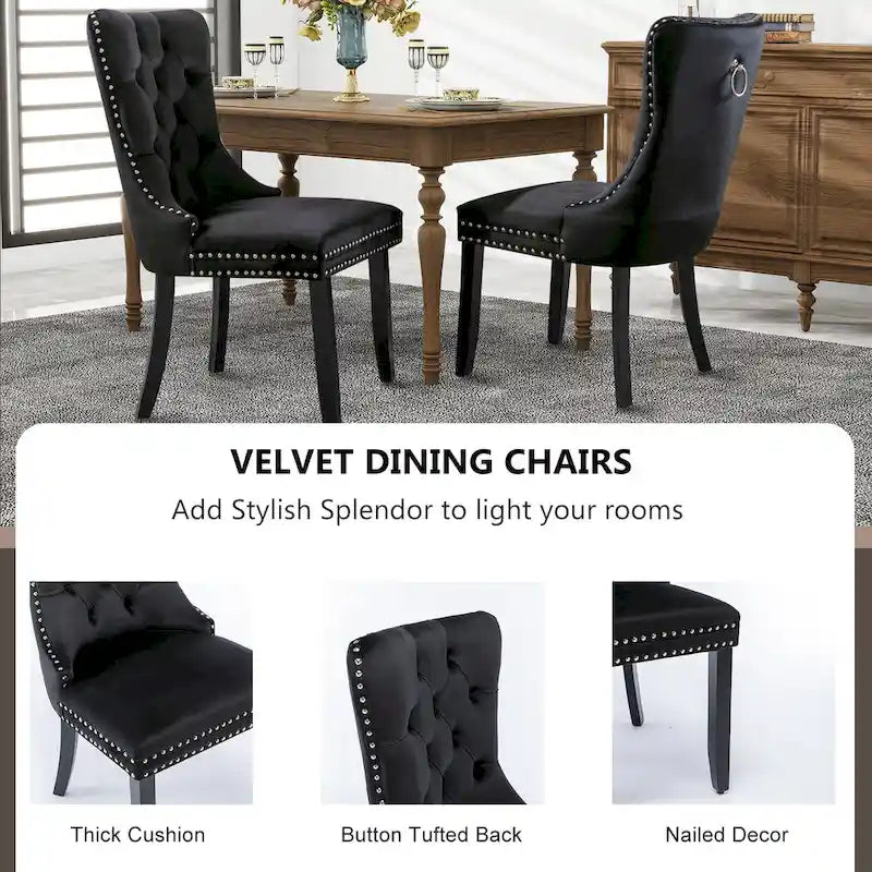 Chaises de salle à manger en velours, chaises d'appoint capitonnées sans accoudoirs en bois massif avec garniture cloutée et anneau de tirage au dos