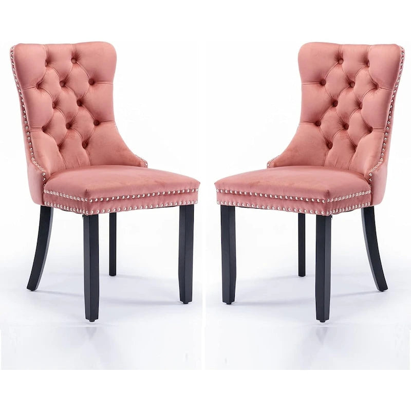 Chaises de salle à manger en velours, chaises d'appoint capitonnées sans accoudoirs en bois massif avec garniture cloutée et anneau de tirage au dos