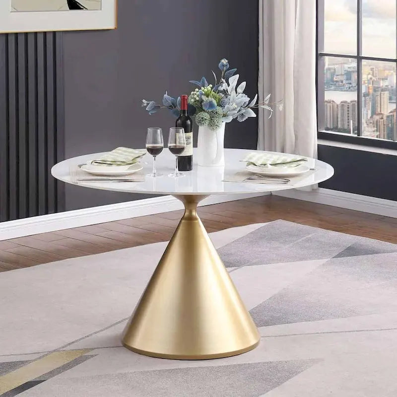 Table à manger ronde moderne avec piètement en métal doré