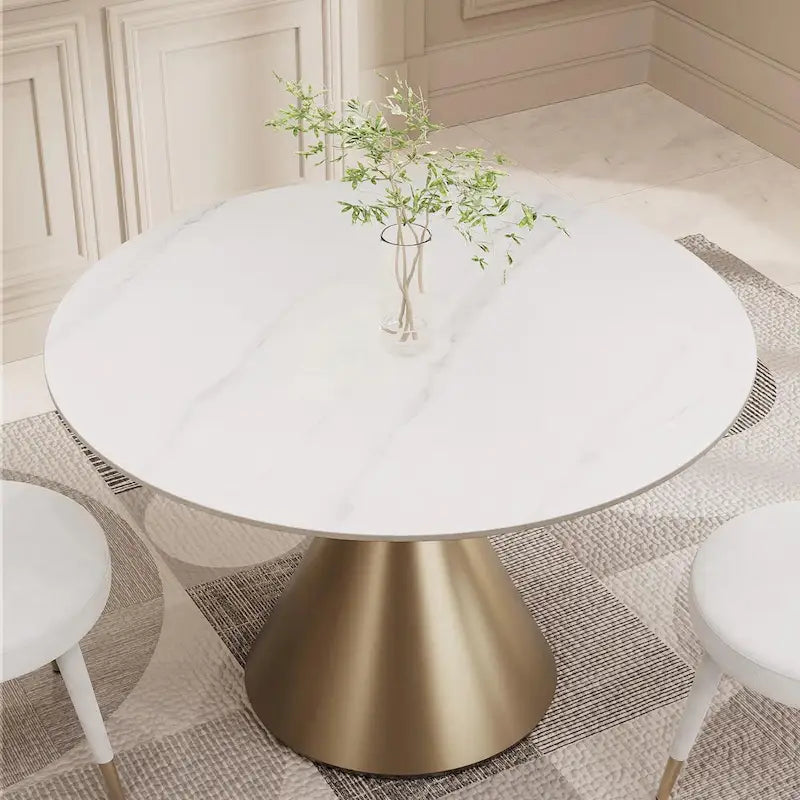 Table à manger ronde moderne avec piètement en métal doré