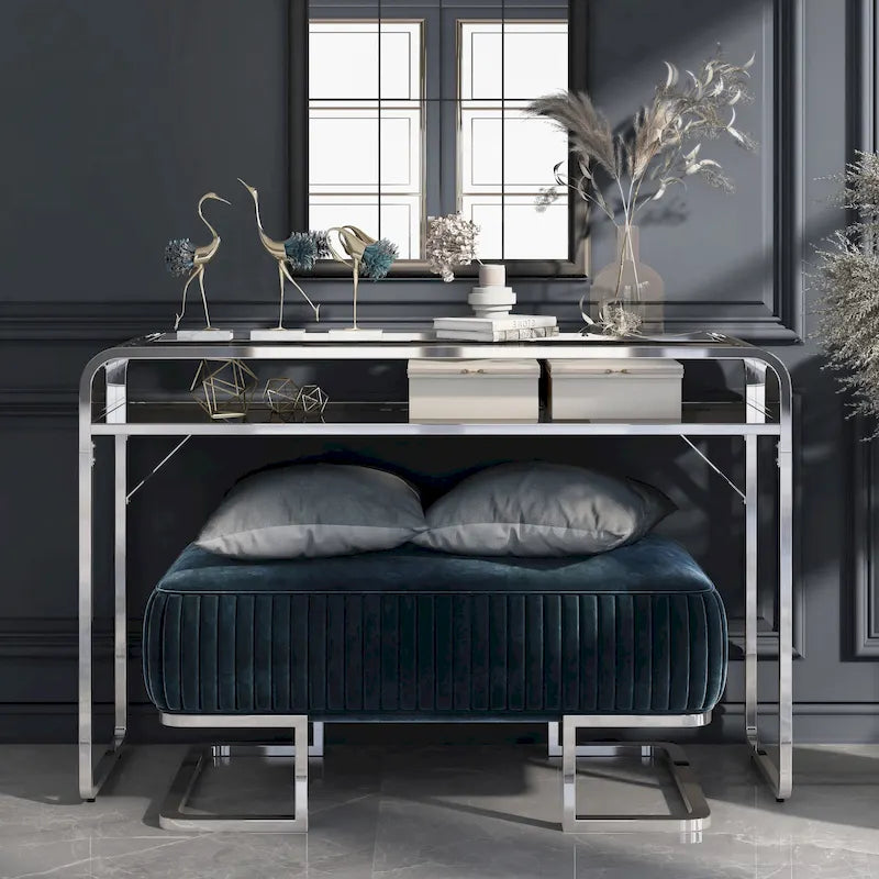 Table de canapé contemporaine de 46 pouces en verre avec 1 étagère