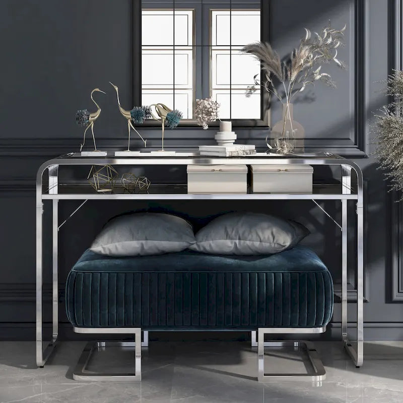 Table de canapé contemporaine de 46 pouces en verre avec 1 étagère