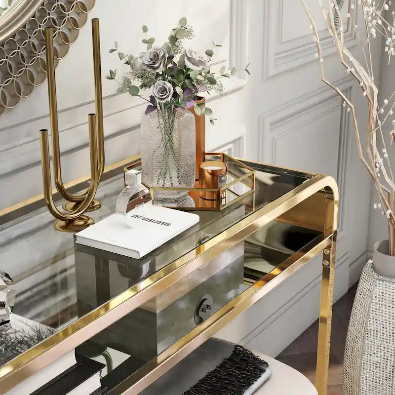Table de canapé contemporaine de 46 pouces en verre avec 1 étagère