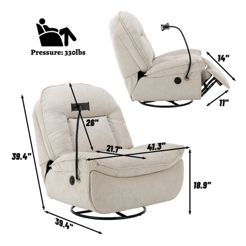 Fauteuil inclinable en chenille pivotant et réglable avec support de téléphone