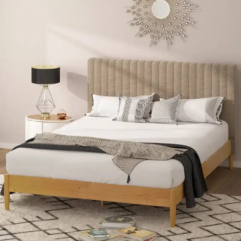 Priage by ZINUS Latte Wood Platform Bed Frame with Upholstered Headboard