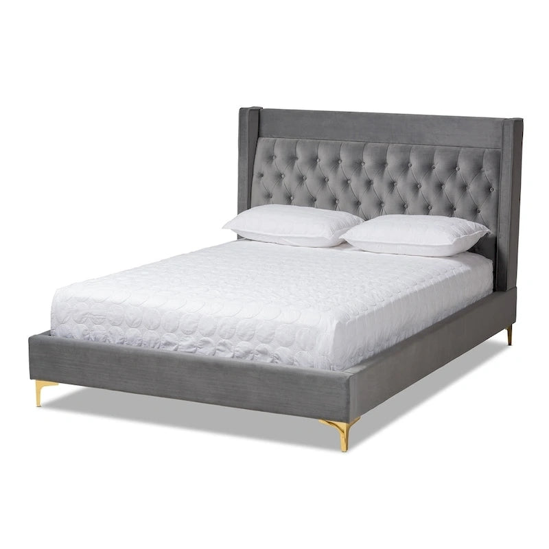 Lit plateforme glamour capitonné en velours contemporain