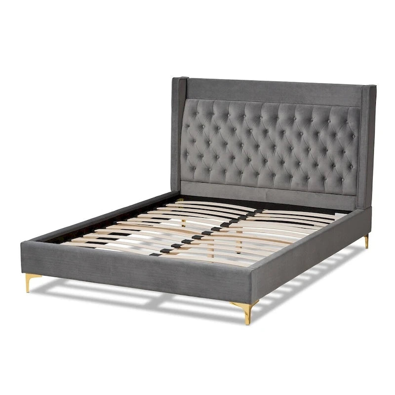 Lit plateforme glamour capitonné en velours contemporain