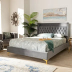 Lit plateforme glamour capitonné en velours contemporain