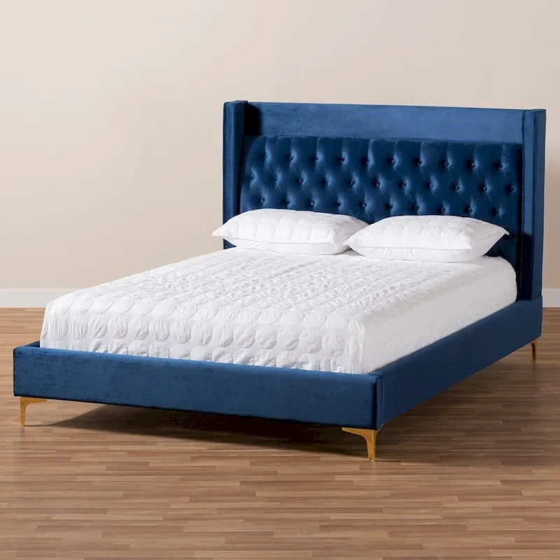 Lit plateforme glamour capitonné en velours contemporain