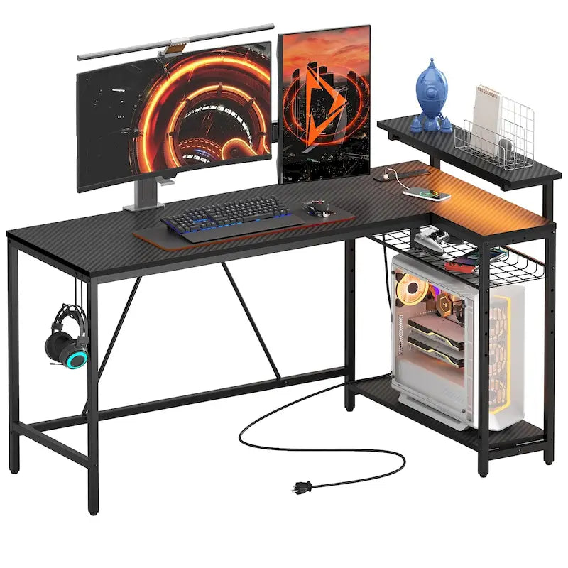 Bureau d'ordinateur réversible en forme de L avec prises de courant et support de moniteur