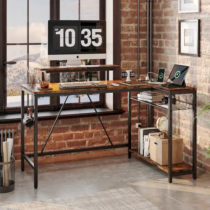 Bureau d'ordinateur réversible en forme de L avec prises de courant et support de moniteur