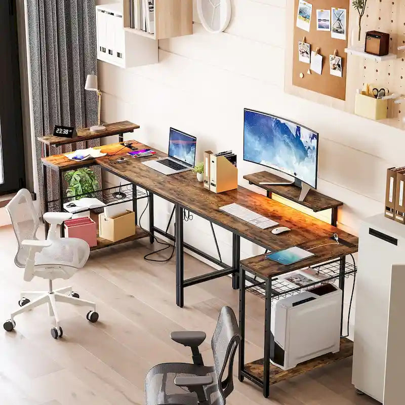 Bureau d'ordinateur réversible en forme de L avec prises de courant et support de moniteur