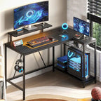 Bureau d'ordinateur réversible en forme de L avec prises de courant et support de moniteur