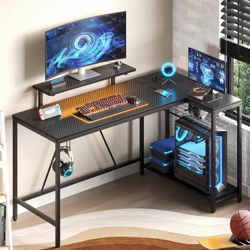 Bureau d'ordinateur réversible en forme de L avec prises de courant et support de moniteur