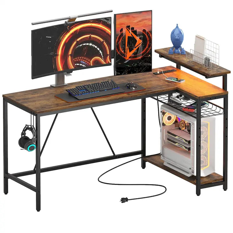 Bureau d'ordinateur réversible en forme de L avec prises de courant et support de moniteur