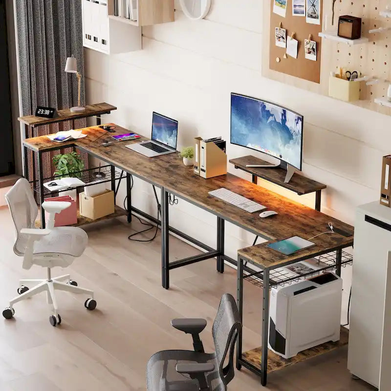 Bureau d'ordinateur réversible en forme de L avec prises de courant et support de moniteur