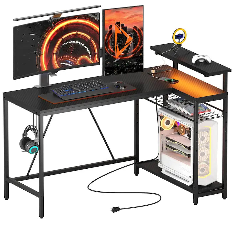 Bureau d'ordinateur réversible en forme de L avec prises de courant et support de moniteur