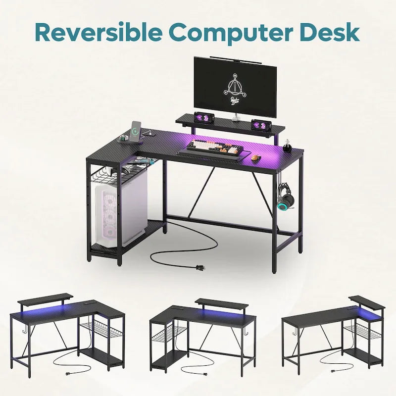 Bureau d'ordinateur réversible en forme de L avec prises de courant et support de moniteur