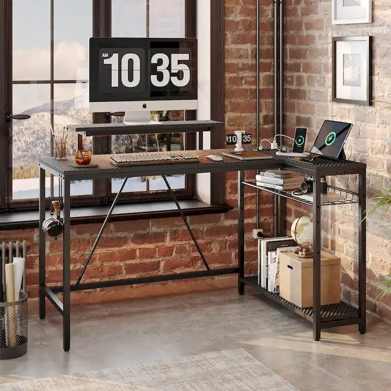 Bureau d'ordinateur réversible en forme de L avec prises de courant et support de moniteur