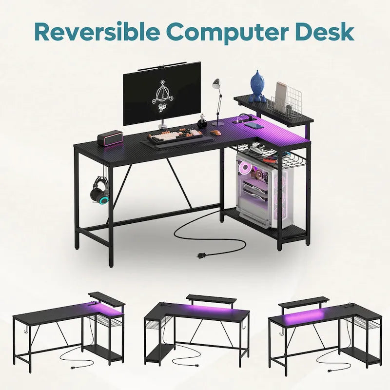 Bureau d'ordinateur réversible en forme de L avec prises de courant et support de moniteur