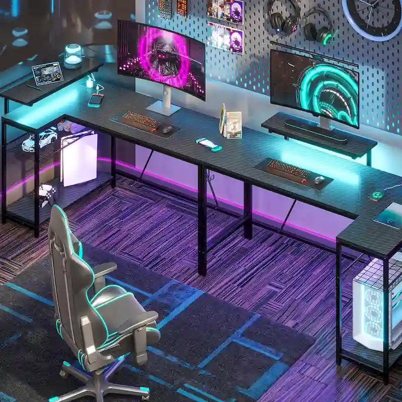 Bureau d'ordinateur réversible en forme de L avec prises de courant et support de moniteur