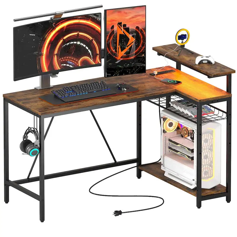 Bureau d'ordinateur réversible en forme de L avec prises de courant et support de moniteur